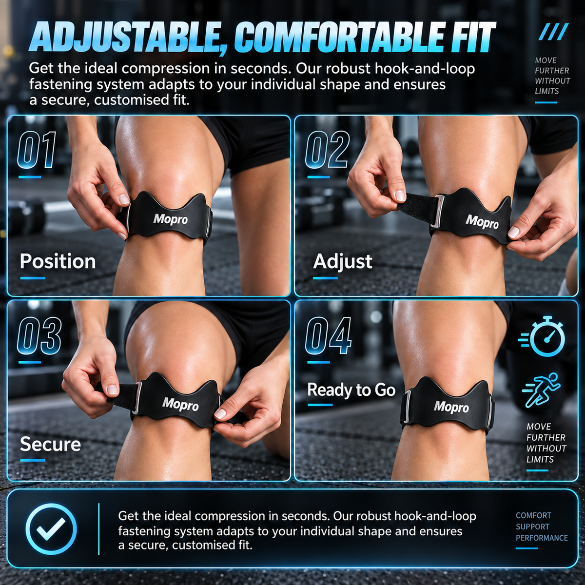 MoproPrecision Knee Support Strap – 2026 Upgraded Patella Support Band Adjustable, Non-Slip, Shock-Absorbing & Breathable Knee Support for Running, Cycling & Fitness