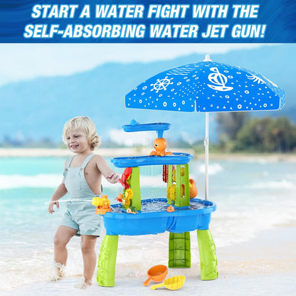 Water Table for Toddlers 3-5, 3-Tier Kids Splash Sand Table Water Toys with Umbrella, Rain Showers Splash Pond for Outdoor Beach Backyard Summer, Activity Sensory Playset for Boys Girls, Blue